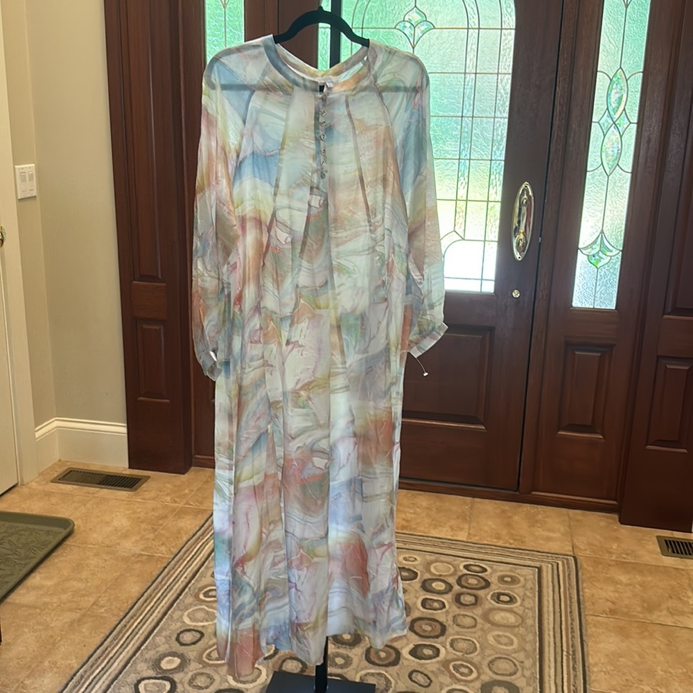 CALME by JOHNNY WAS Marble Kaftan Maxi  SMALL Dress Cotton Silk Blend - Picture 10 of 11
